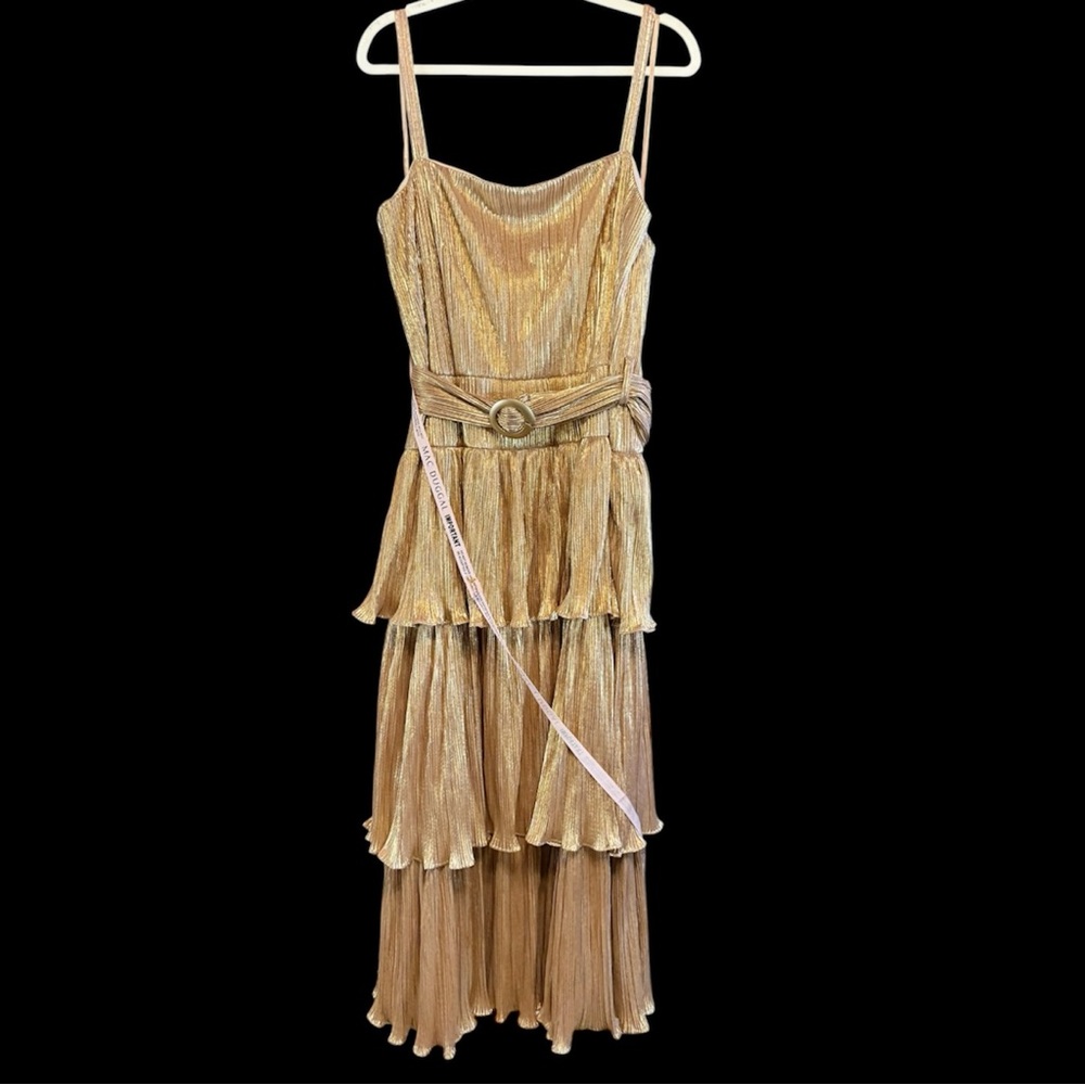 Ieena For Mac Duggal Liquid Gold Tiered Belted Shimmer Ruffle Dress Formal NWT